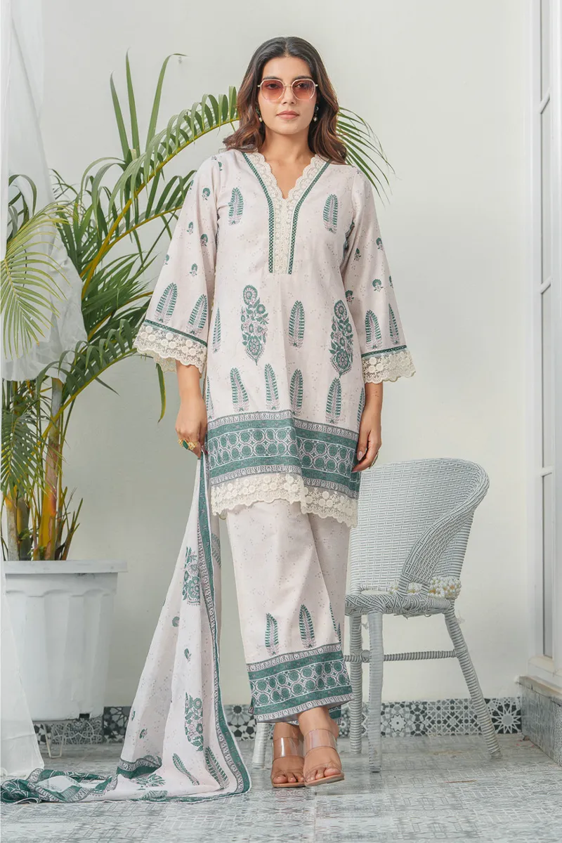 Linen Printed Kurti with Pant & Dupatta Set for Women CLW00118GREXXL Kurti set kurthi 3 pcs set kurtha set salwar set 3 piece salwar set three pies kurti set kurti3set