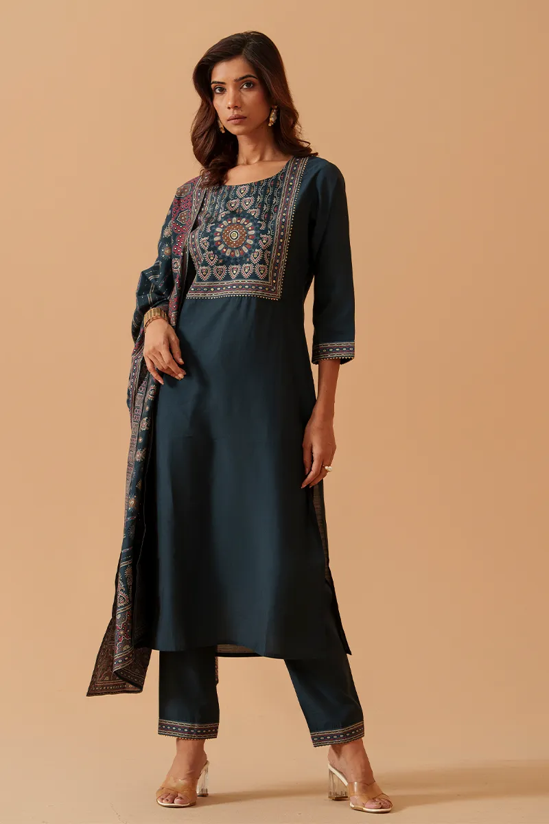 Roman Silk Embroidered Kurti with Pant & Dupatta Set for Women CLW00119TEAXXL Kurti set kurthi 3 pcs set kurtha set salwar set 3 piece salwar set three pies kurti set kurti3set