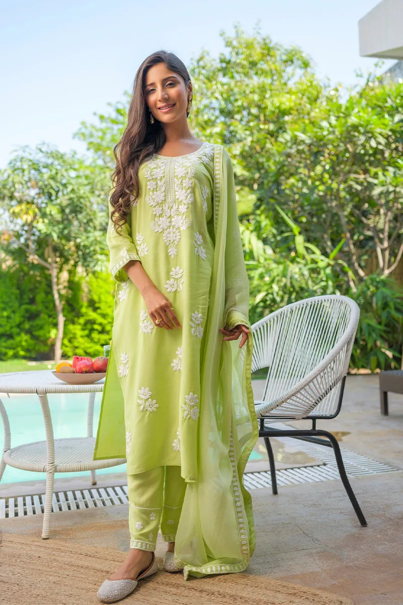 Rayon Embroidered Kurti with Pant & Dupatta Set for Women