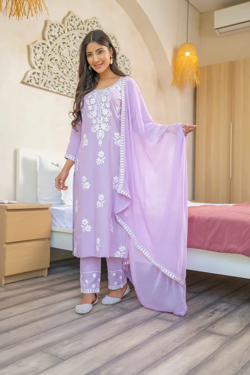 Rayon Embroidered Kurti with Pant & Dupatta Set for Women  CLW00124LAVXXL Kurti set kurthi 3 pcs set kurtha set salwar set 3 piece salwar set three pies kurti set kurti3set