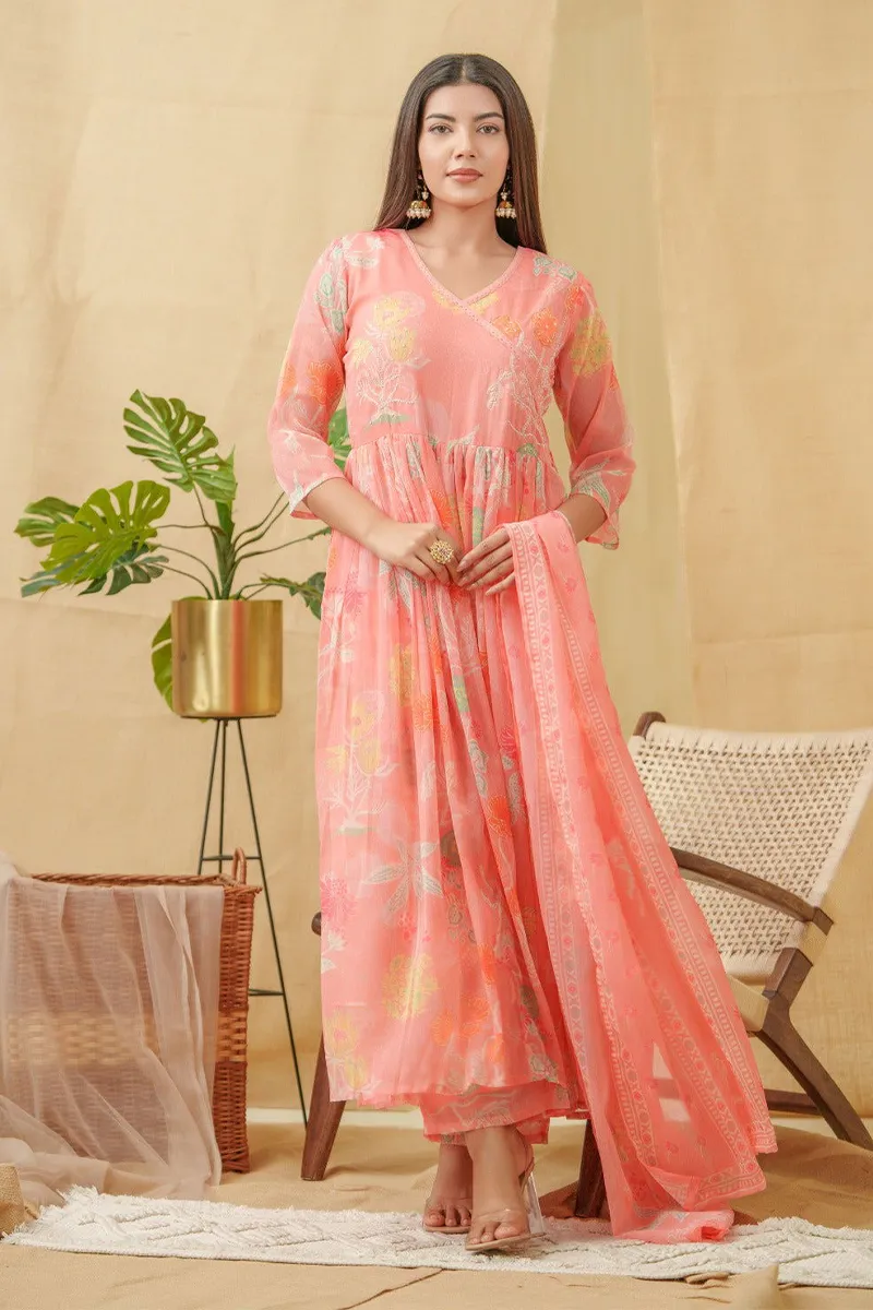 Poly Chiffon Floral Printed A-Line Kurti with Pant & Dupatta Set for Women