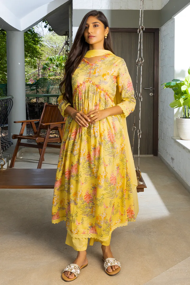 Cotton Floral Printed A-Line Kurti with Pant & Dupatta Set for Women CLW00128YELXXL Kurti set kurthi 3 pcs set kurtha set salwar set 3 piece salwar set three pies kurti set kurti3set