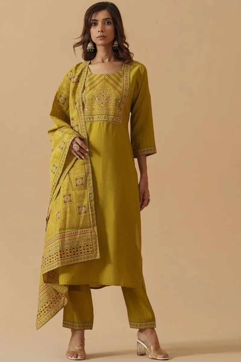 Art Silk Embroidered Kurti with Pant & Dupatta Set for Women CLW00129GREXXL Kurti set kurthi 3 pcs set kurtha set salwar set 3 piece salwar set three pies kurti set kurti3set