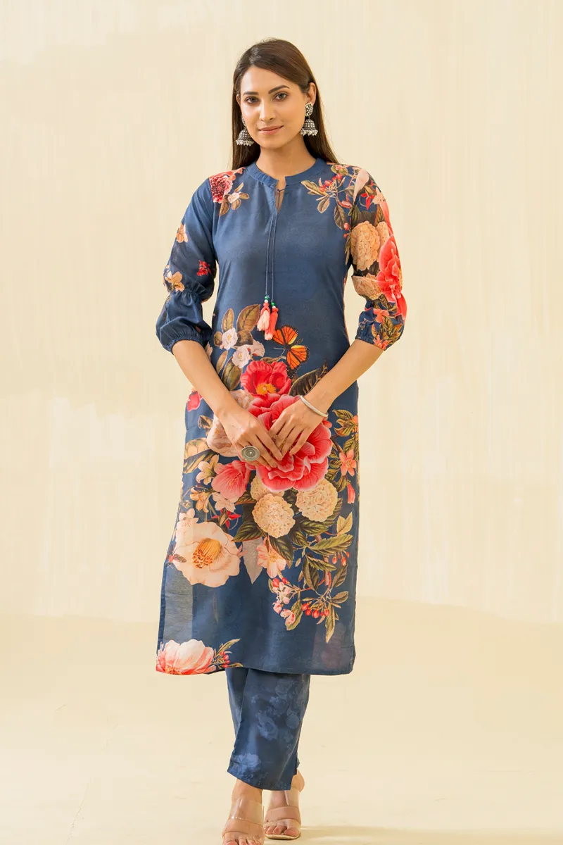 Cotton Blend Floral Printed Kurti with Pant Set for Women CLW00132NAVBLUM