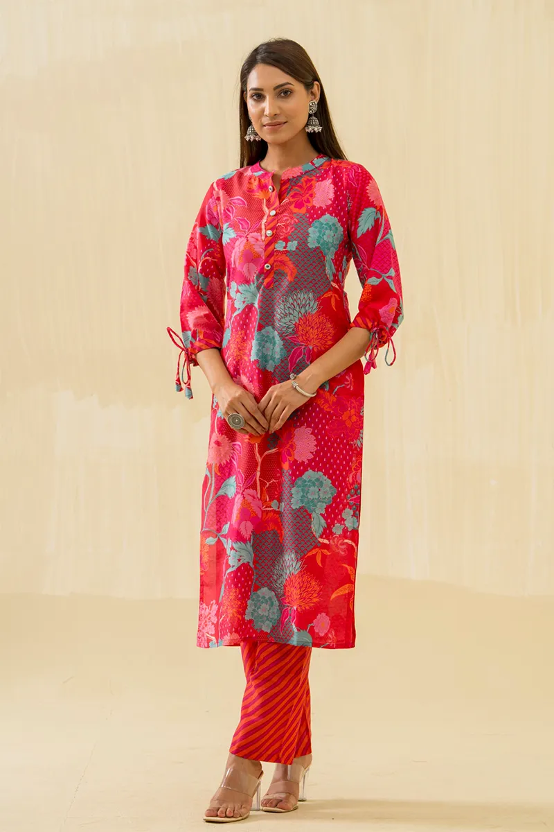Cotton Blend Floral Printed Kurti with Pant Set for Women CLW00133PINM