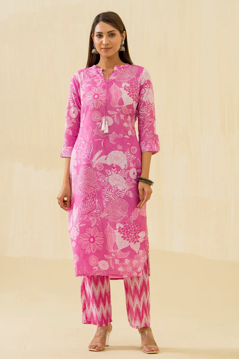Cotton Blend Floral Printed Kurti with Pant Set for Women