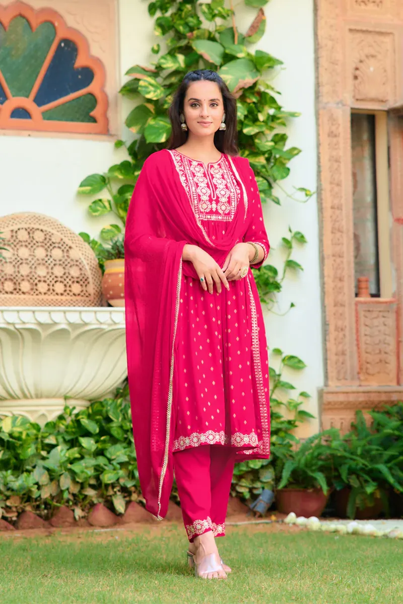 Rayon Nyra Cut Sequined & zari Embroidery Kurti with Pant & Dupatta Set for Women CLW00137HOTPINXXL Kurti set kurthi 3 pcs set kurtha set salwar set 3 piece salwar set three pies kurti set kurti3set