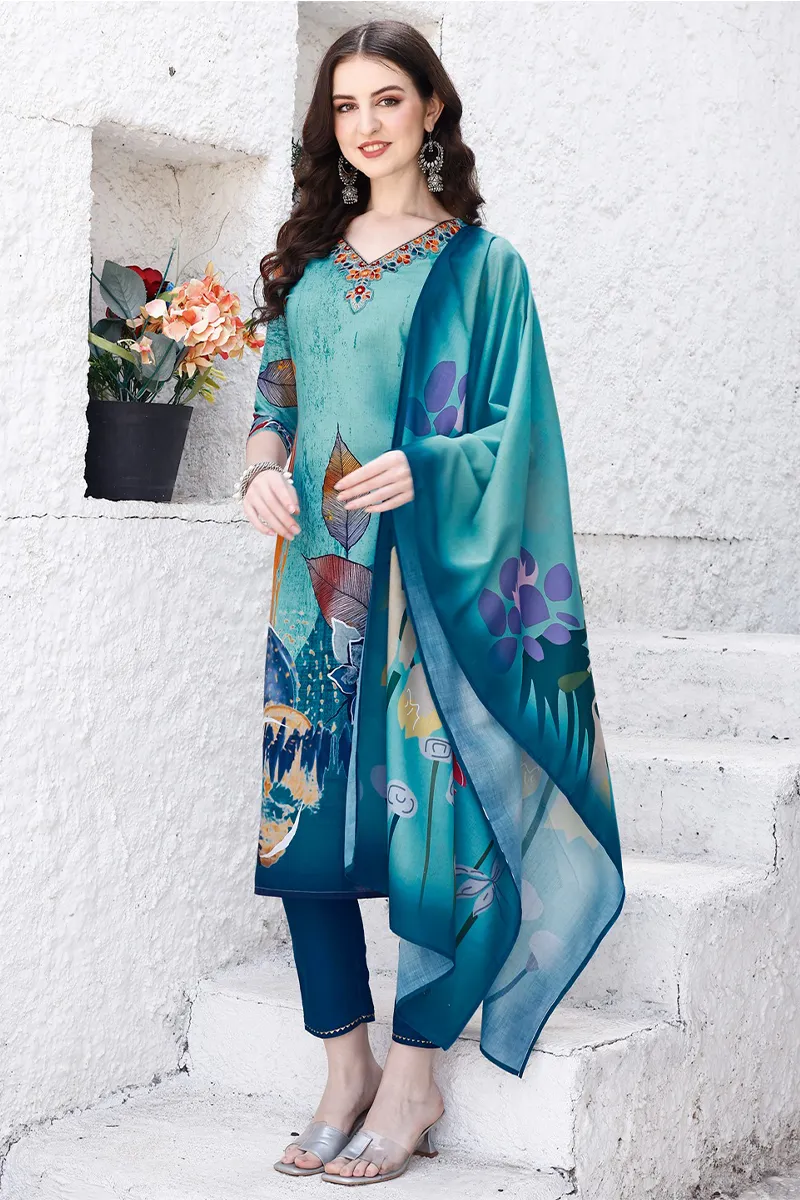 Cotton Floral Printed Kurti with Pant & Dupatta Set for Women CLW00138NAVM Kurti set kurthi 3 pcs set kurtha set salwar set 3 piece salwar set three pies kurti set kurti3set
