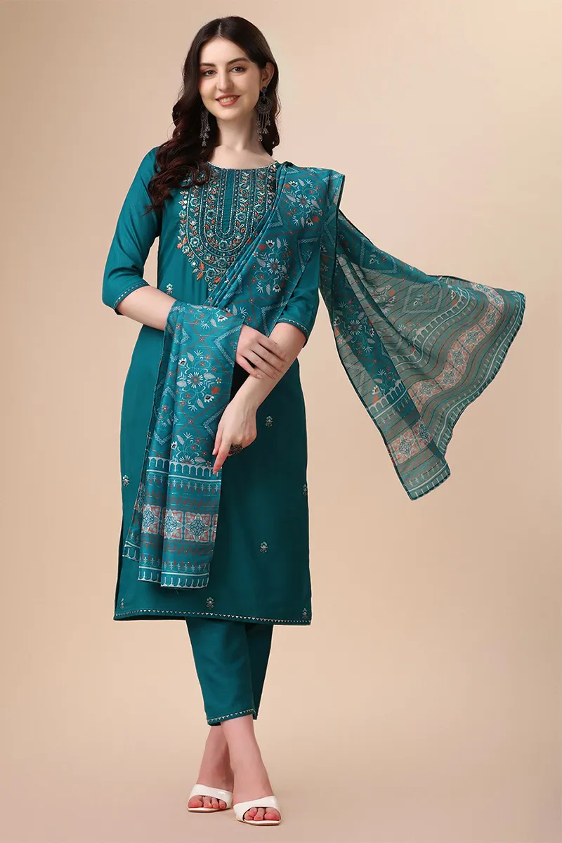 Rayon Embroidered Kurti with Pant & Dupatta Set for Women CLW00139TEAXL Kurti set kurthi 3 pcs set kurtha set salwar set 3 piece salwar set three pies kurti set kurti3set