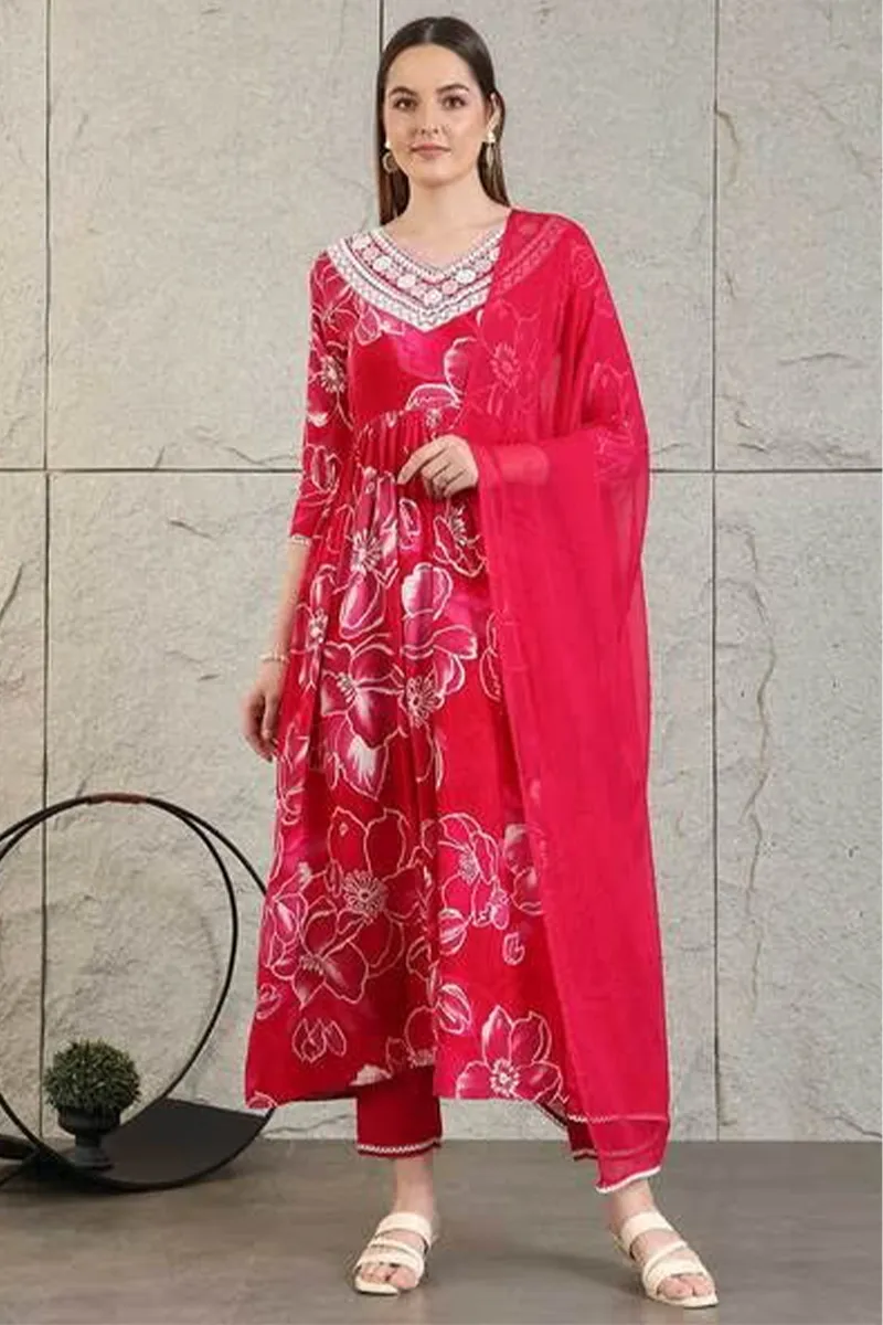 Rayon Floral Printed Kurti with Pant & Dupatta Set for Women