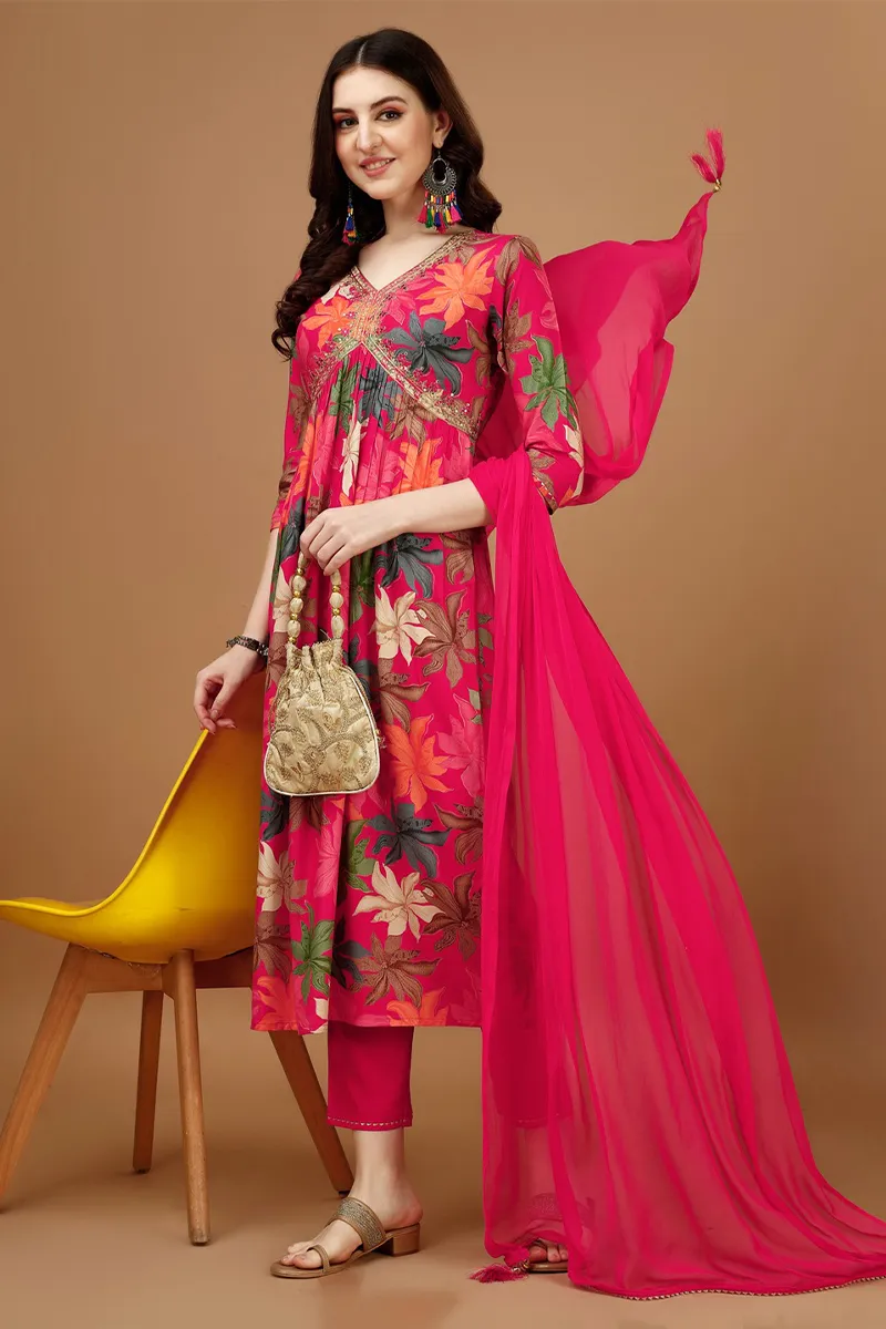 Rayon Alia Cut Floral Printed Kurti with Pant & Dupatta Set for Women