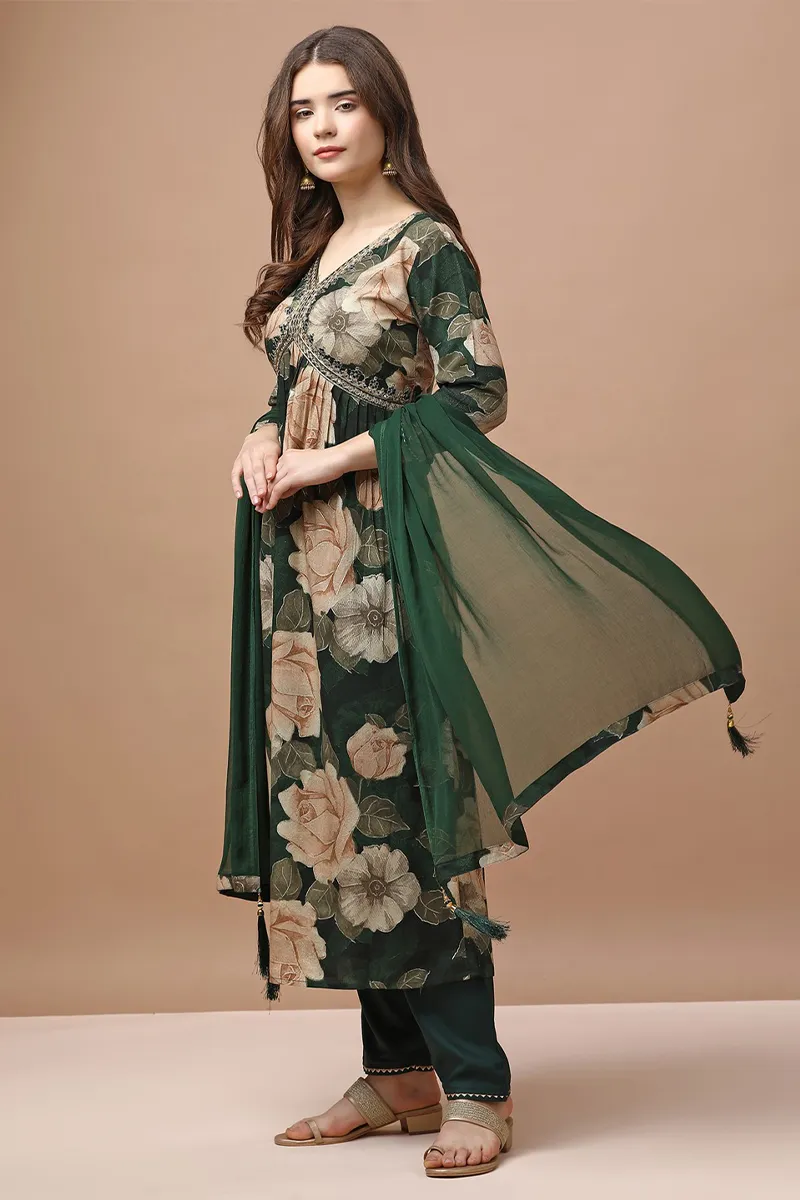 Rayon Alia Cut Floral Printed Kurti with Pant & Dupatta Set for Women CLW00144GREM Kurti set kurthi 3 pcs set kurtha set salwar set 3 piece salwar set three pies kurti set kurti3set