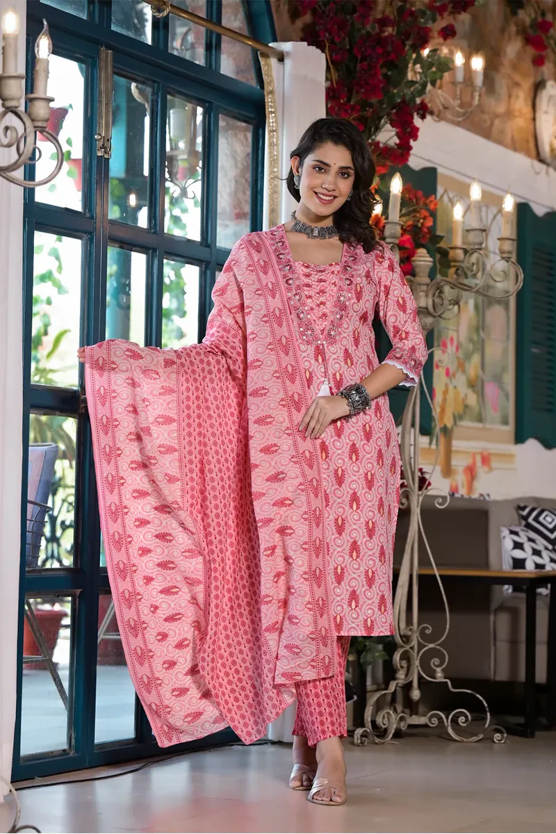 Cotton Blend Printed Kurti with Pant & Dupatta Set for Women