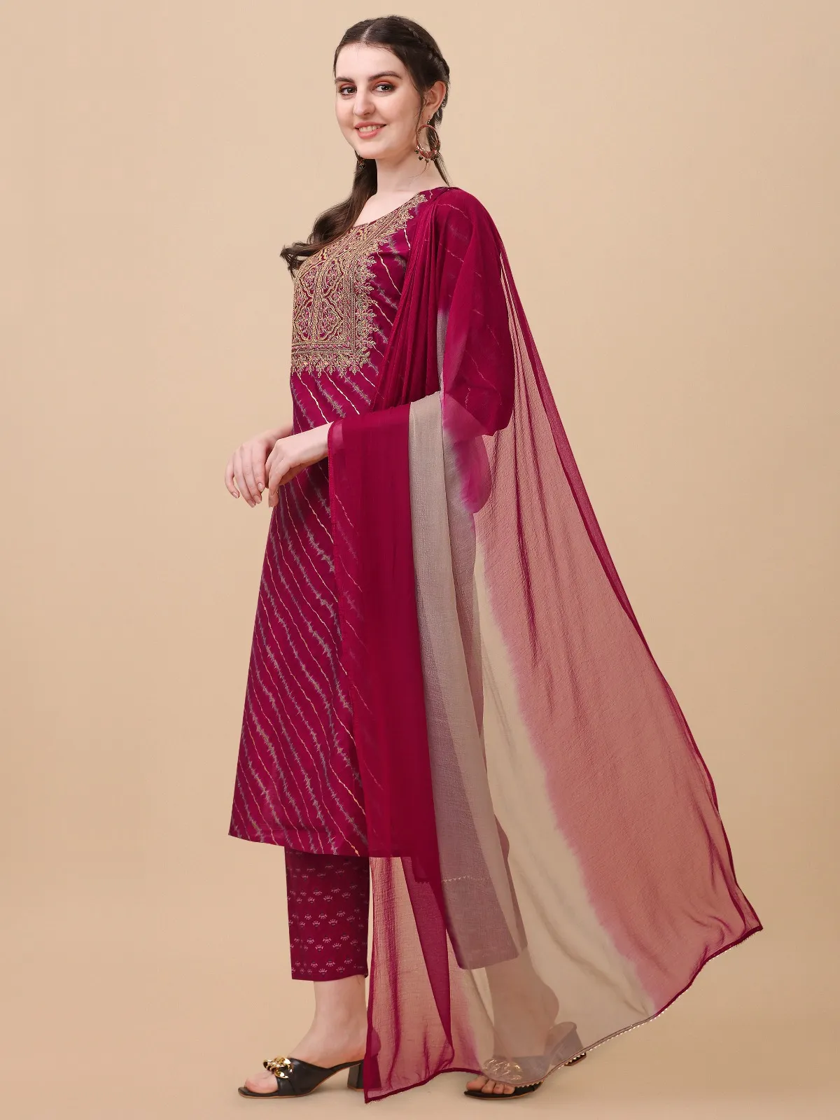 Chanderi Cotton Leheriya Printed Kurti with Pant & Dupatta Set for Women