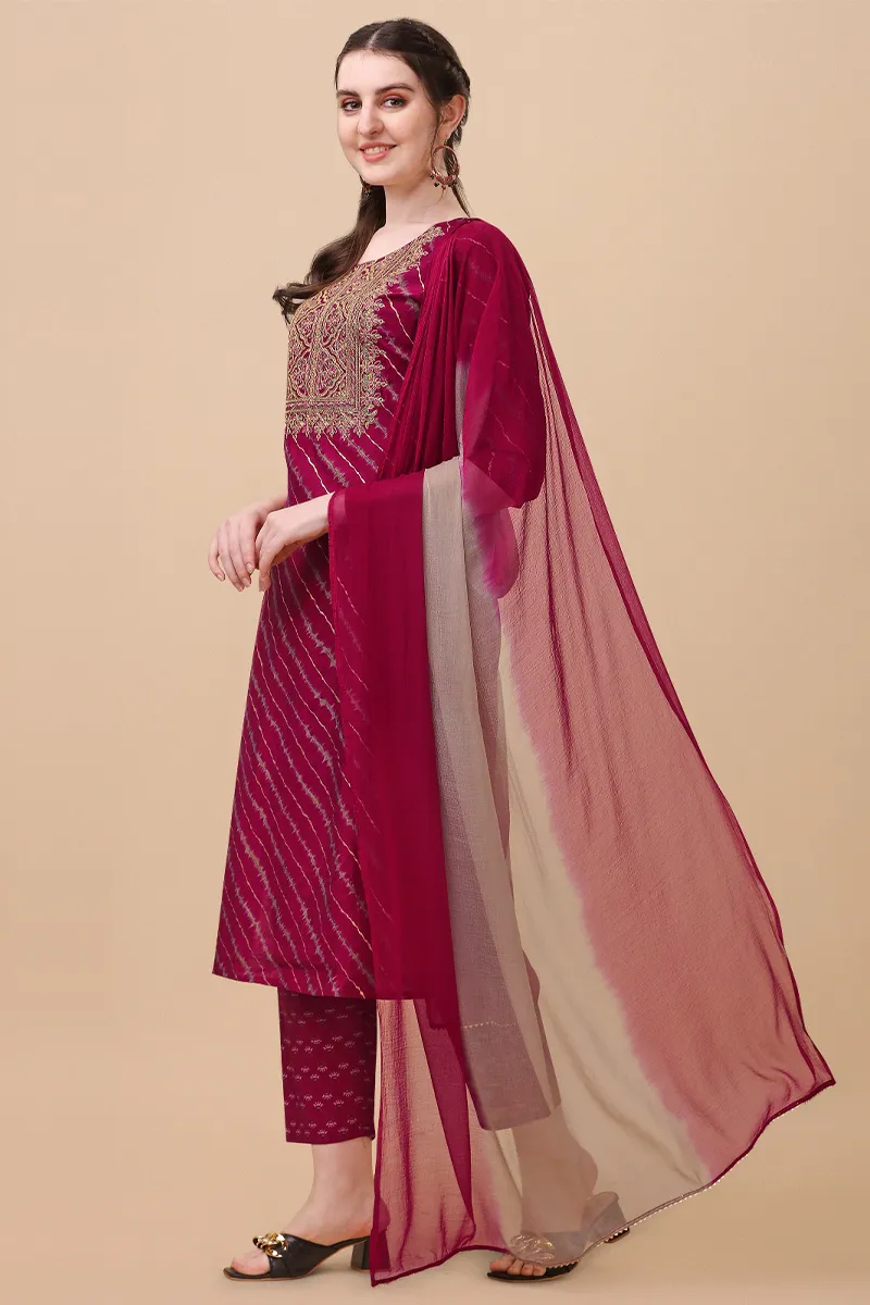 Chanderi Cotton Leheriya Printed Kurti with Pant & Dupatta Set for Women CLW00147PINXXL Kurti set kurthi 3 pcs set kurtha set salwar set 3 piece salwar set three pies kurti set kurti3set