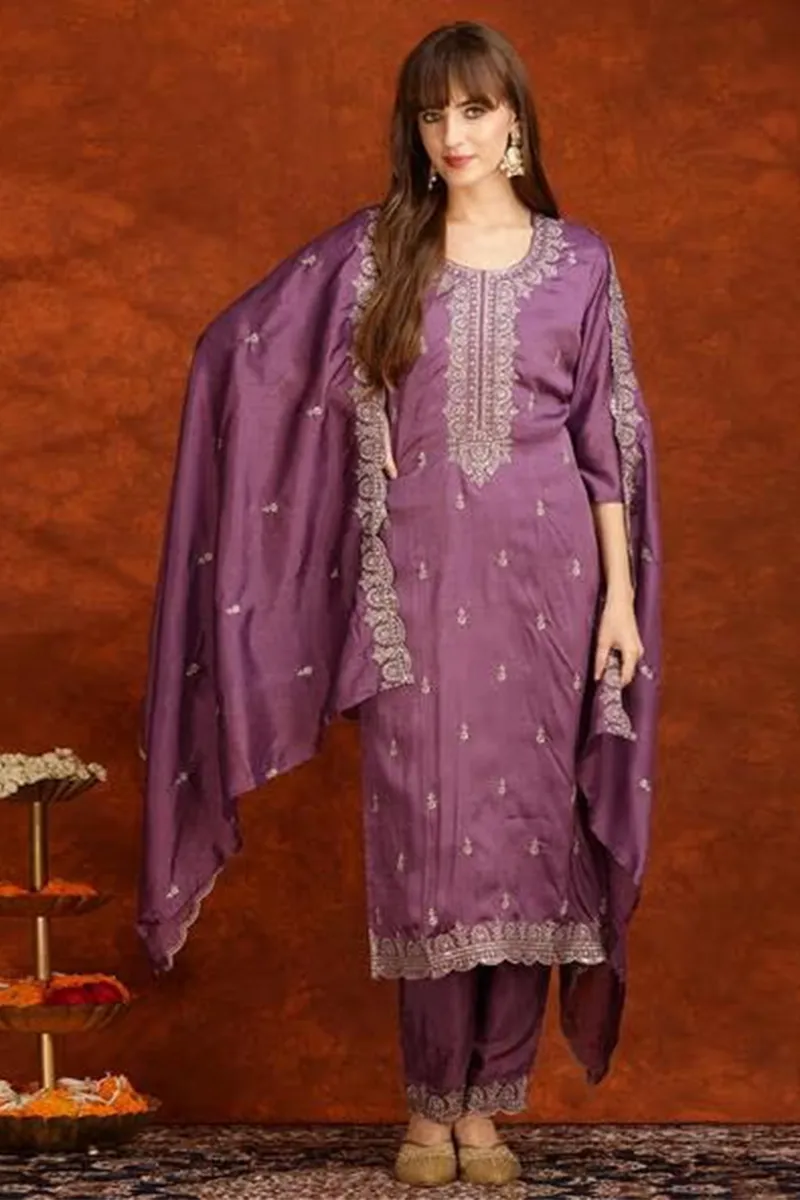 Silk Blend Sequined Embroidered Kurti with Pant & Dupatta Set for Women CLW00148LAVXL Kurti set kurthi 3 pcs set kurtha set salwar set 3 piece salwar set three pies kurti set kurti3set