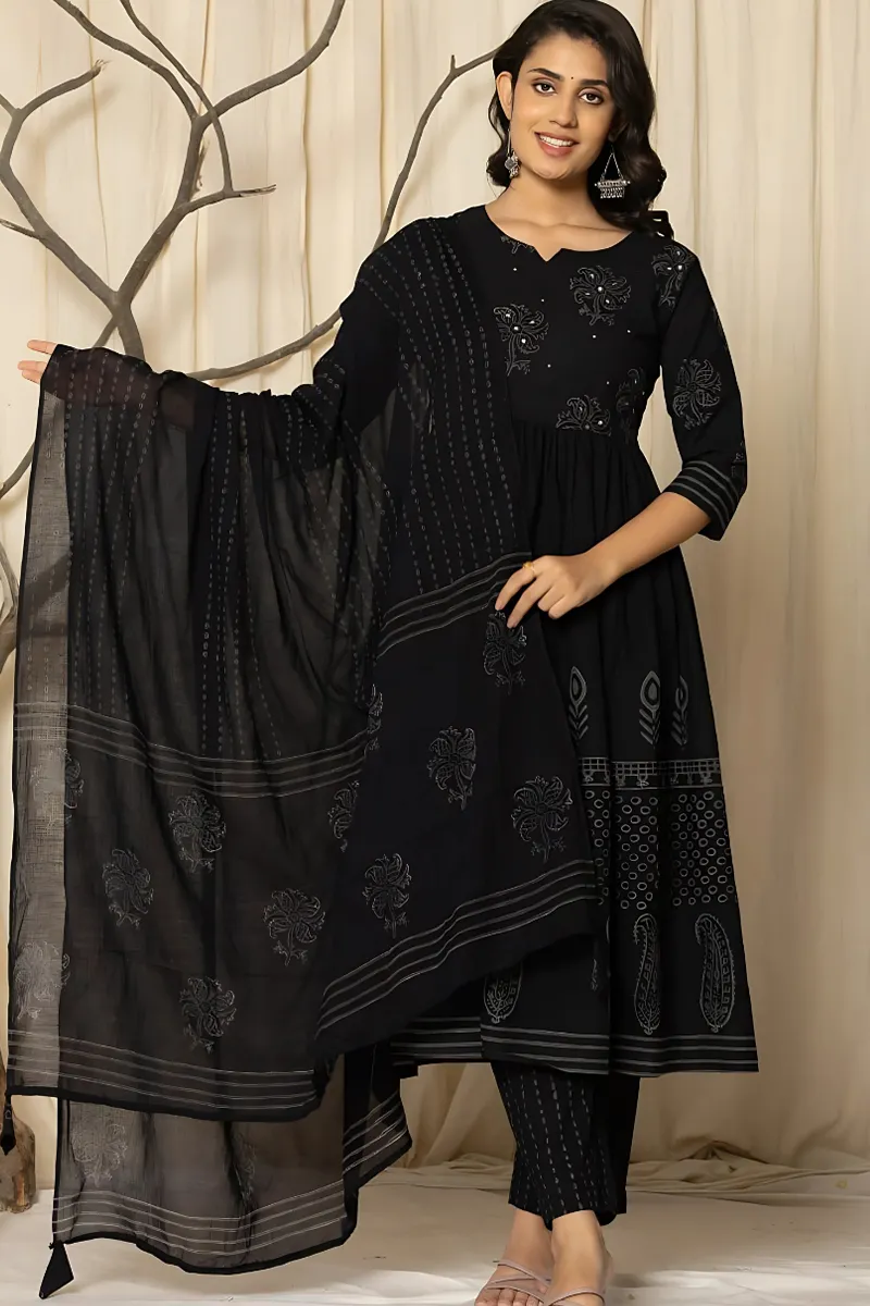 Cotton Printed Anarkali Kurti with Pant & Dupatta Set for Women CLW00151BLAM Kurti set kurthi 3 pcs set kurtha set salwar set 3 piece salwar set three pies kurti set kurti3set