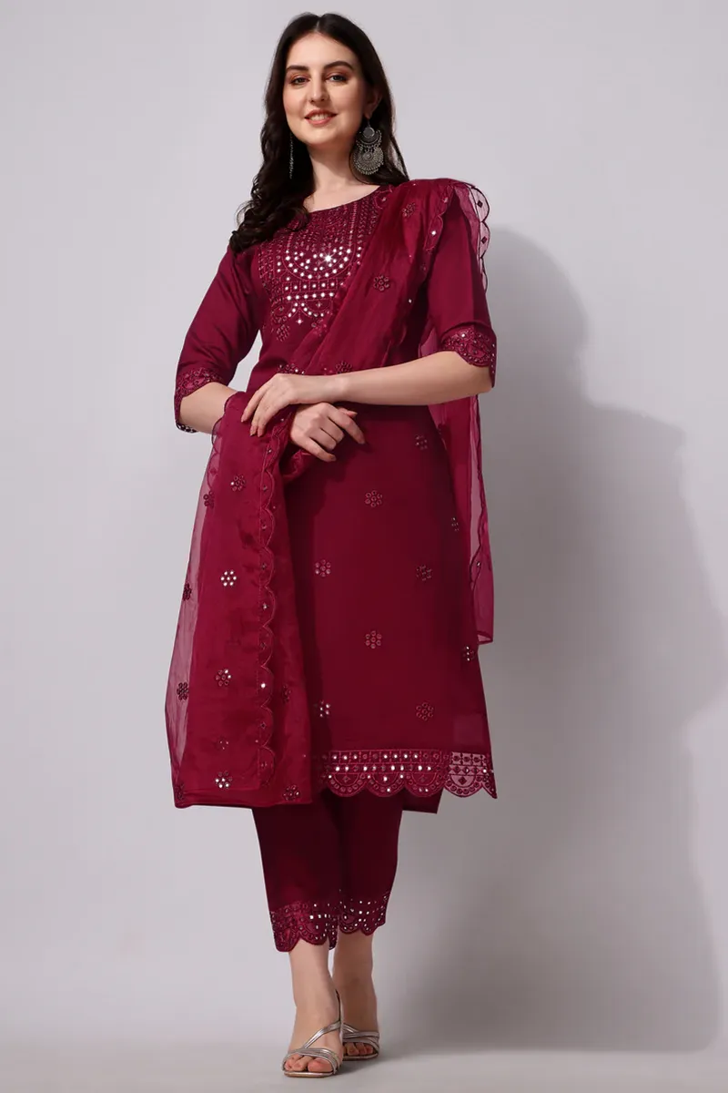 Chanderi Cotton Embroidered Kurti with Pant & Dupatta Set for Women CLW00152DARPINXL Kurti set kurthi 3 pcs set kurtha set salwar set 3 piece salwar set three pies kurti set kurti3set