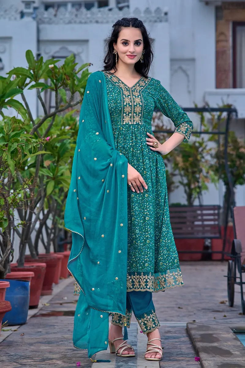 Rayon Nyra Cut Floral Printed Kurti with Pant & Dupatta Set for Women CLW00155TEAXXL Kurti set kurthi 3 pcs set kurtha set salwar set 3 piece salwar set three pies kurti set kurti3set