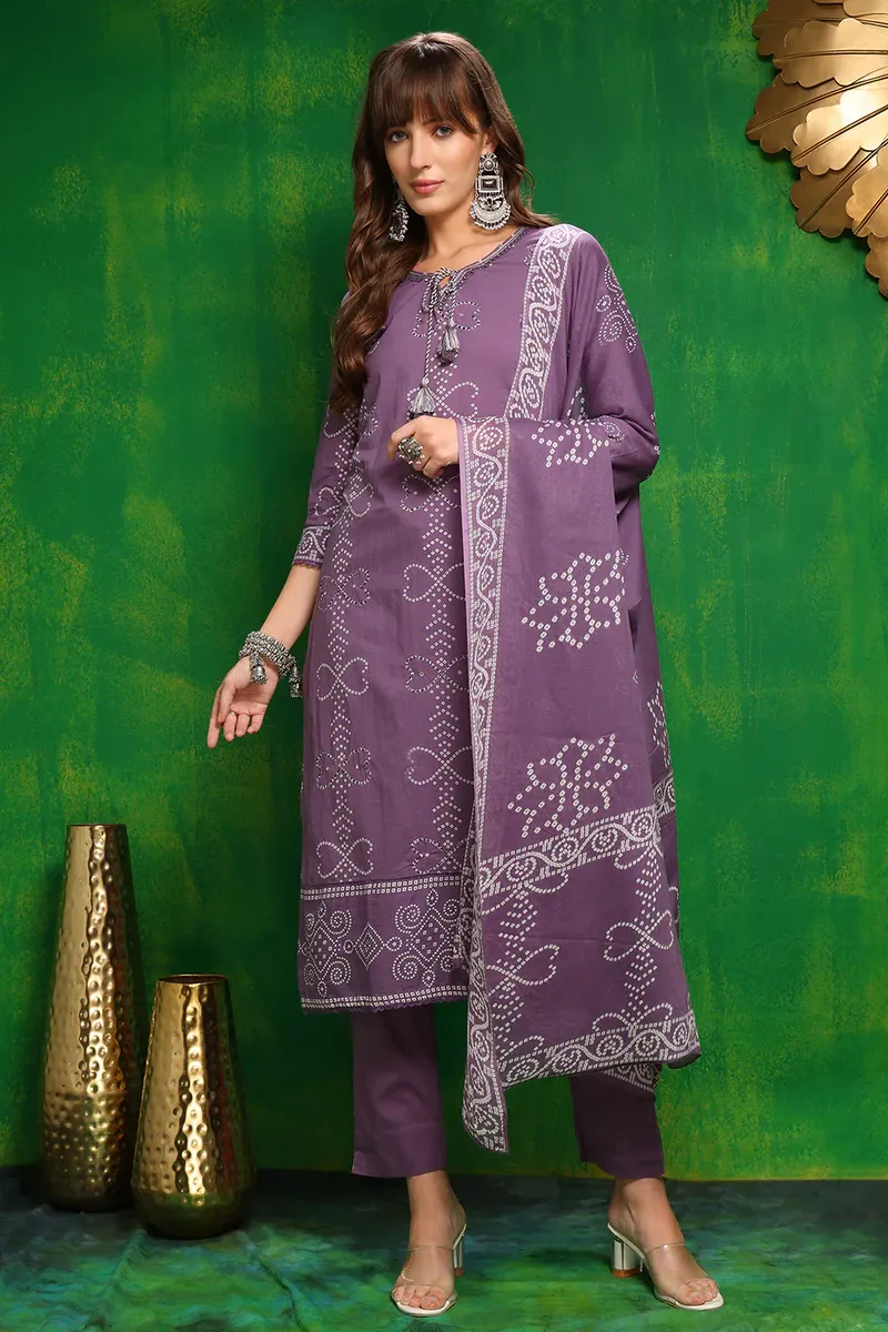 Cotton Bandhani Printed Kurti with Pant & Dupatta Set for Women