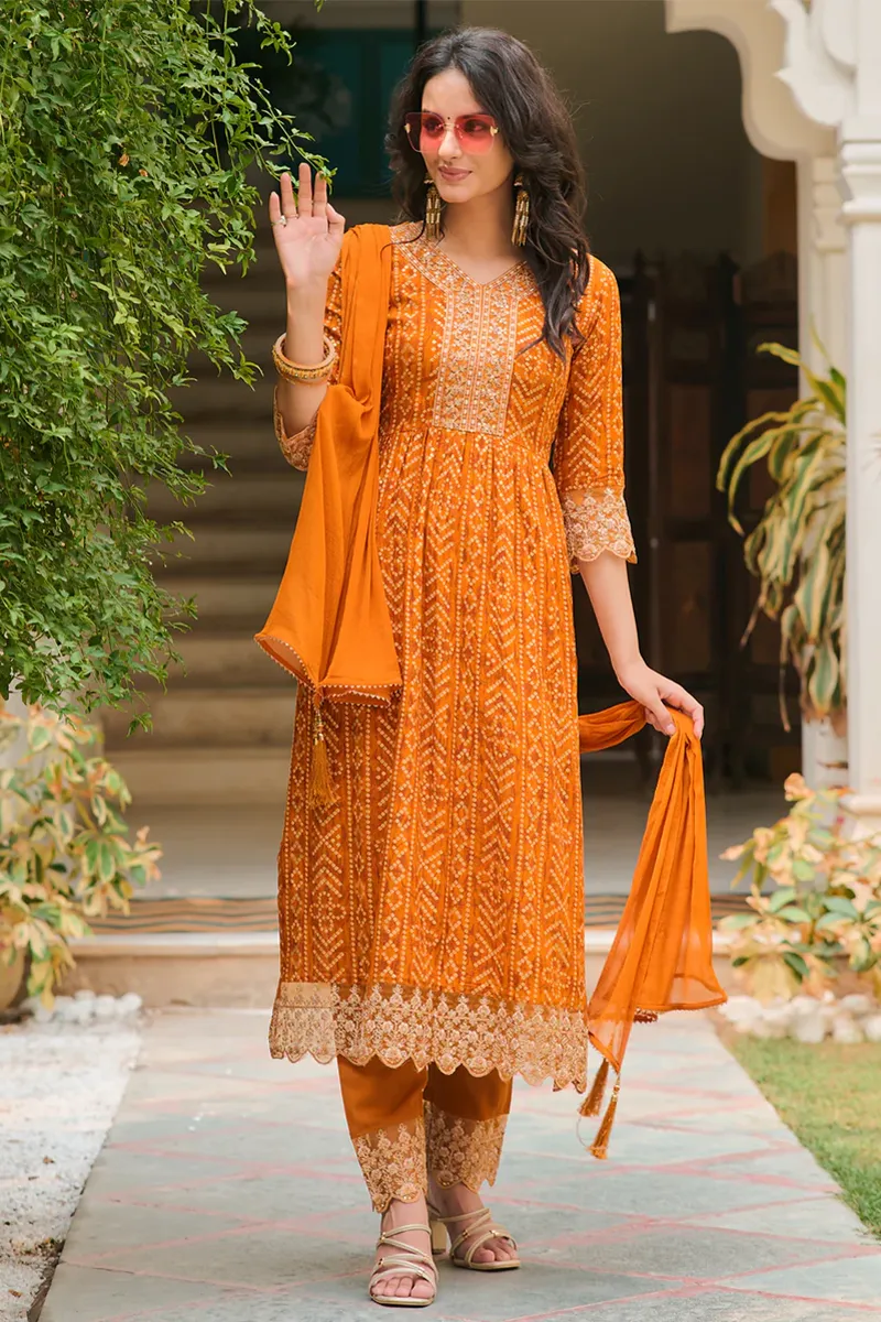 Rayon Nyra Cut Bandhani Printed Kurti with Pant & Dupatta Set for Women CLW00159MUSXXL Kurti set kurthi 3 pcs set kurtha set salwar set 3 piece salwar set three pies kurti set kurti3set