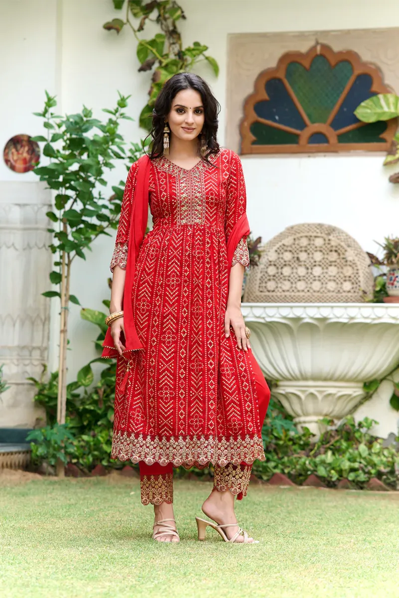 Rayon Nyra Cut Bandhani Printed Kurti with Pant & Dupatta Set for Women CLW00159REDM Kurti set kurthi 3 pcs set kurtha set salwar set 3 piece salwar set three pies kurti set kurti3set