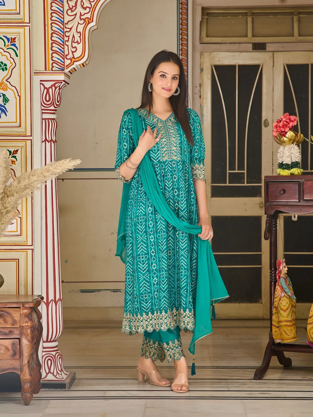 Rayon Nyra Cut Bandhani Printed Kurti with Pant & Dupatta Set for Women CLW00159TEAXXL Kurti set kurthi 3 pcs set kurtha set salwar set 3 piece salwar set three pies kurti set kurti3set