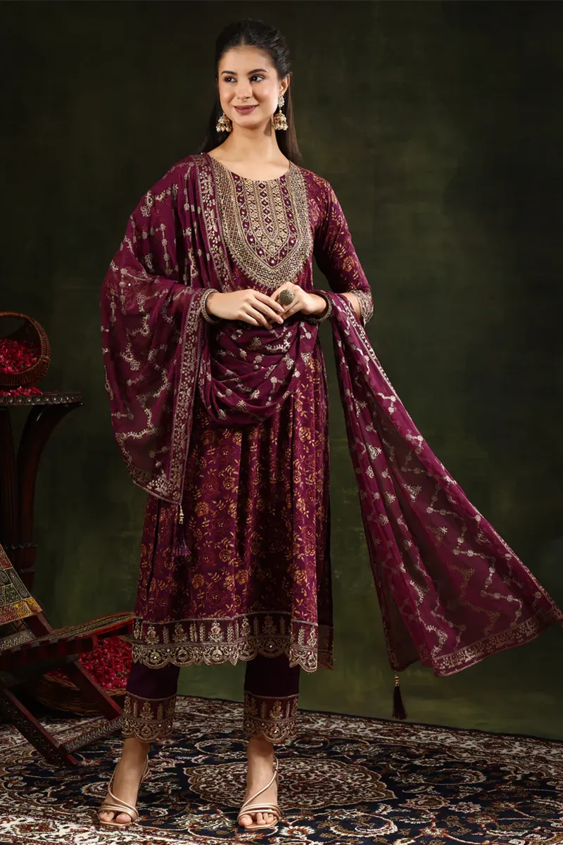 Rayon Nyra Cut Floral Printed Kurti with Pant & Dupatta Set for Women CLW00160WINXXL Kurti set kurthi 3 pcs set kurtha set salwar set 3 piece salwar set three pies kurti set kurti3set