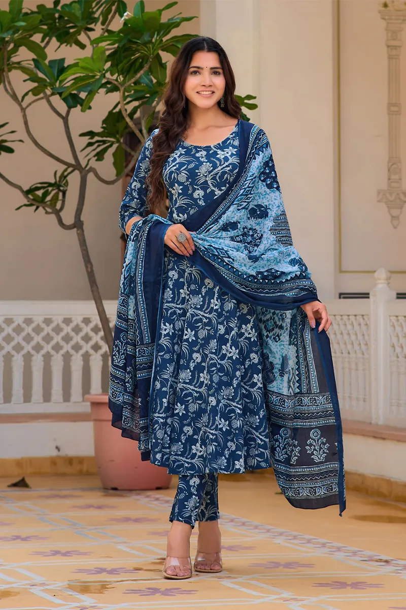 Cotton Floral Printed Anarkali Kurti with Pant & Dupatta Set for Women CLW00162BLUM Kurti set kurthi 3 pcs set kurtha set salwar set 3 piece salwar set three pies kurti set kurti3set