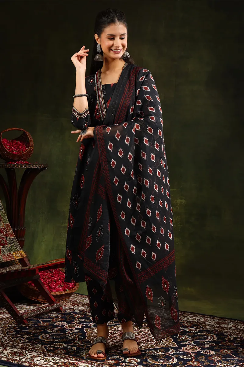 Rayon Ethnic Motifs Printed Aline Kurti with Pant & Dupatta Set for Women CLW00163BLAS Kurti set kurthi 3 pcs set kurtha set salwar set 3 piece salwar set three pies kurti set kurti3set
