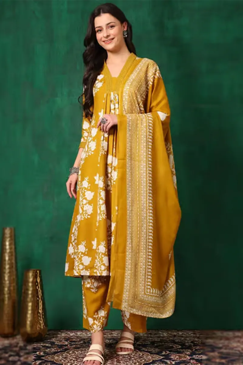 Rayon Floral Printed Flared Kurti with Pant & Dupatta Set for Women