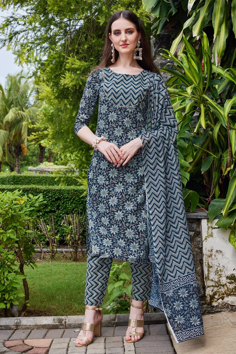 Cotton Floral Printed Kurti with Pant & Dupatta Set for Women