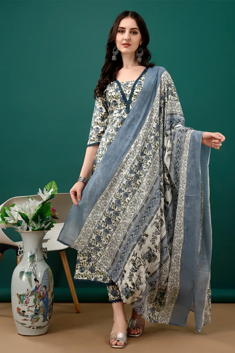 Cotton Floral Printed Anarkali Kurti with Pant & Dupatta Set for Women CLW00168NAVM Kurti set kurthi 3 pcs set kurtha set salwar set 3 piece salwar set three pies kurti set kurti3set