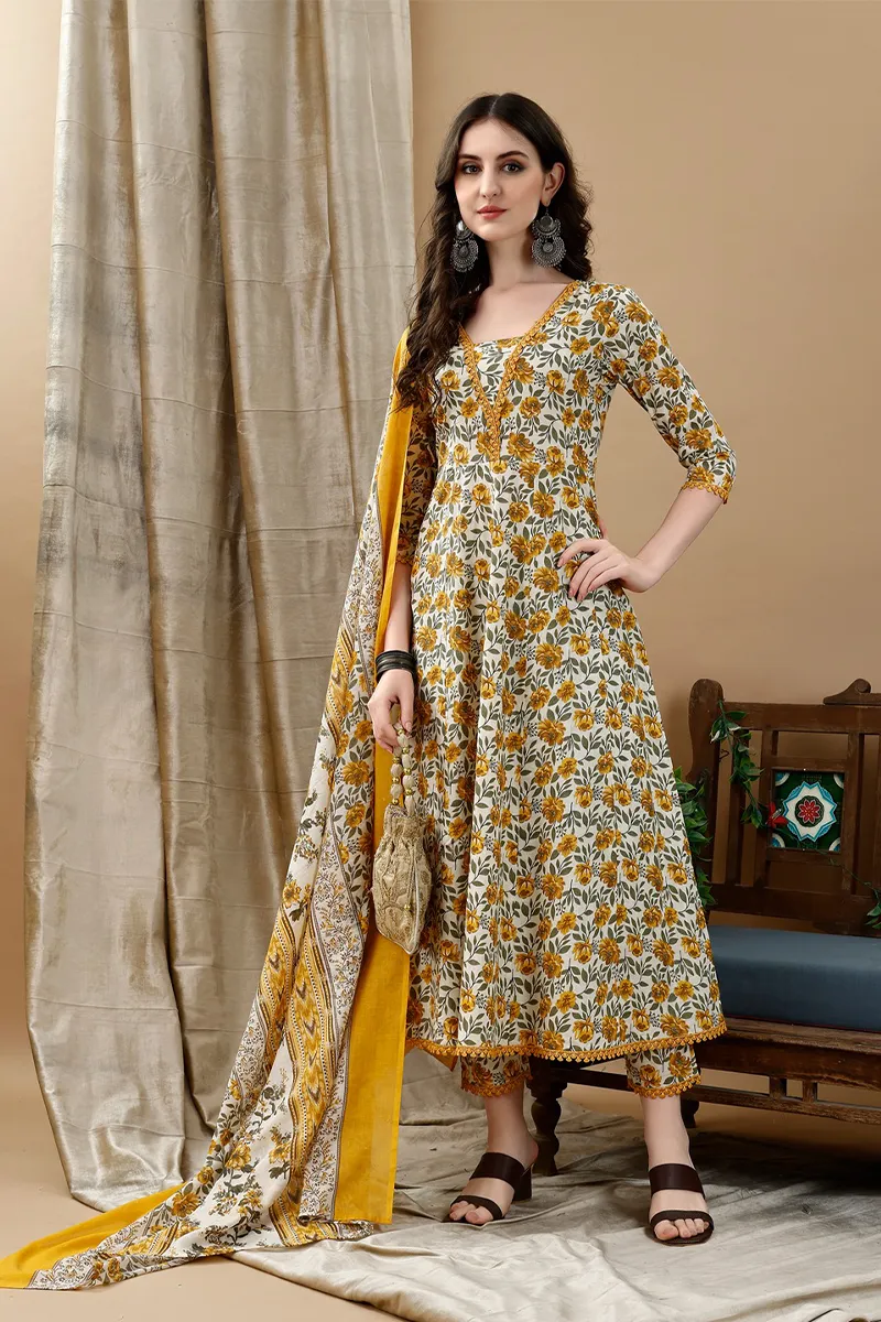Cotton Floral Printed Anarkali Kurti with Pant & Dupatta Set for Women