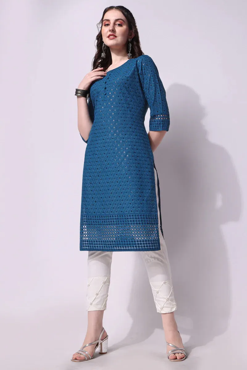 Cotton Embroidered Kurti with Pant Set for Women CLW00170TEAM