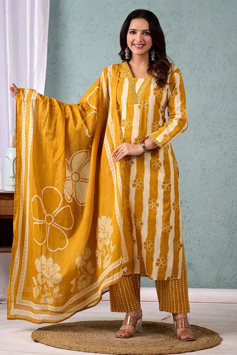 Cotton Floral Printed Kurti with Pant & Dupatta Set for Women