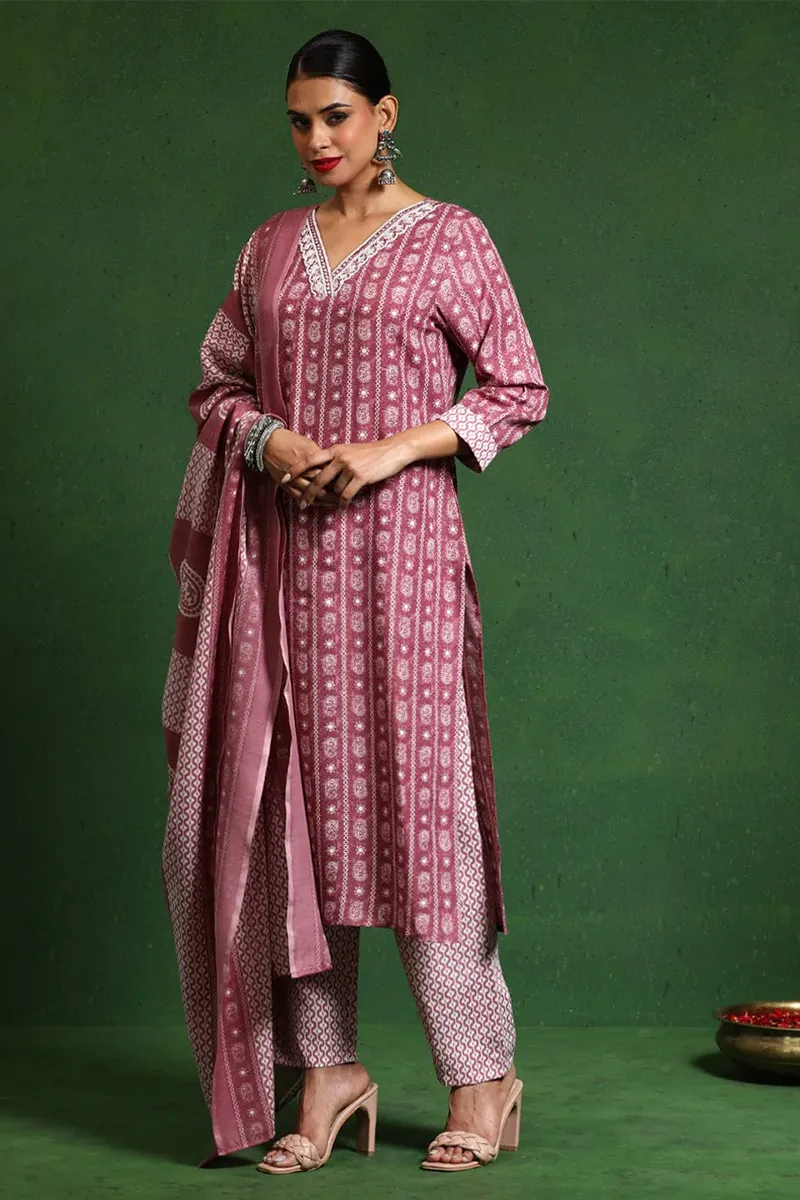 Cotton Blend Paisley Kurti with Pant & Dupatta Set for Women CLW00175DUSPINM Kurti set kurthi 3 pcs set kurtha set salwar set 3 piece salwar set three pies kurti set kurti3set