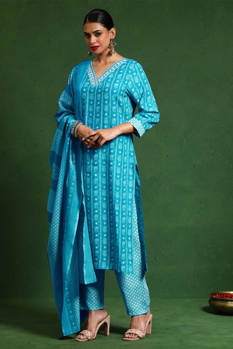 Cotton Blend Paisley Kurti with Pant & Dupatta Set for Women