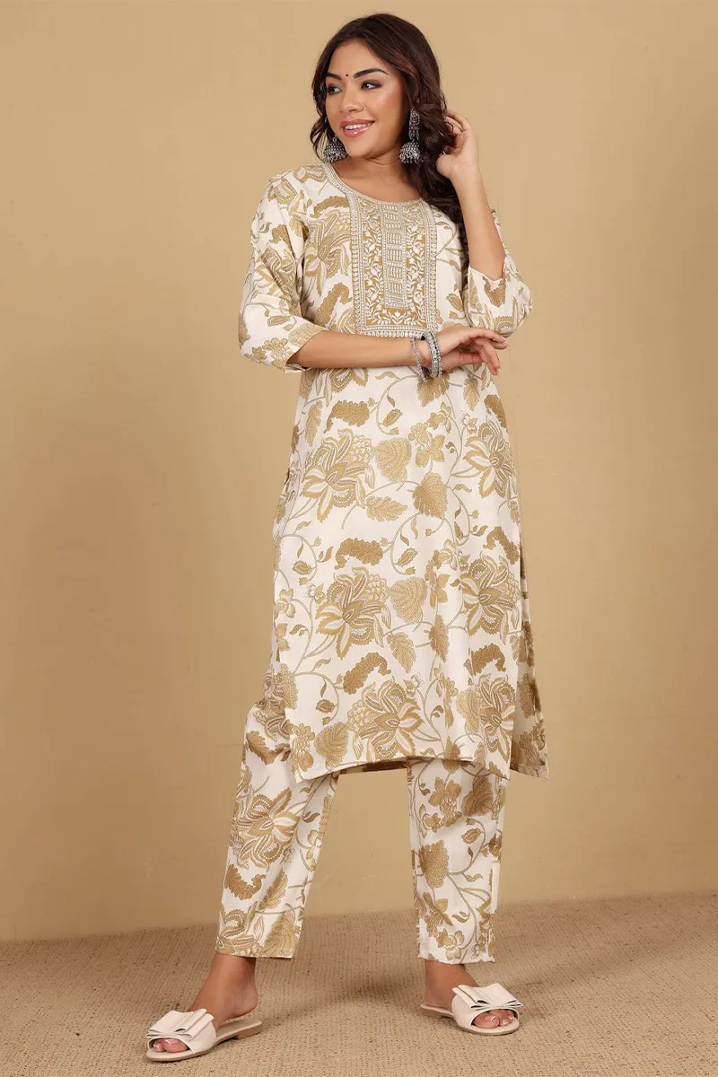 Cotton Blend Botanical Printed Kurti with Pant Set for Women CLW00178CRES