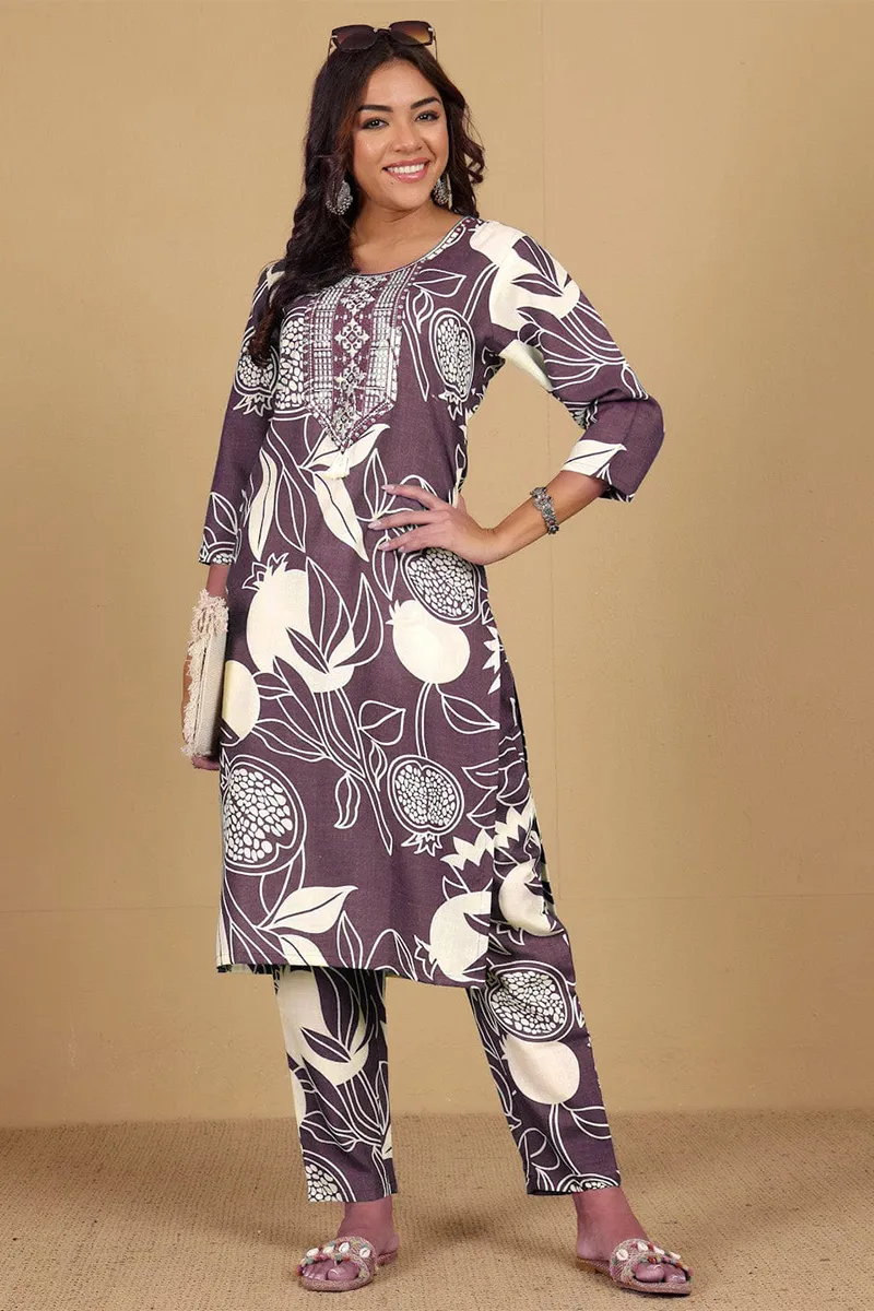 Cotton Blend Botanical Printed Kurti with Pant Set for Women CLW00179DUSPINS