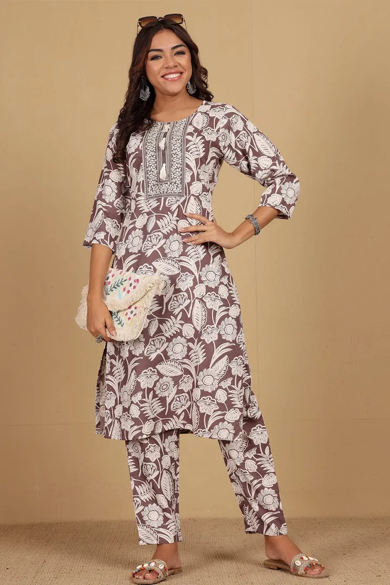 Cotton Blend Printed Kurti with Pant Set for Women CLW00180MAUS