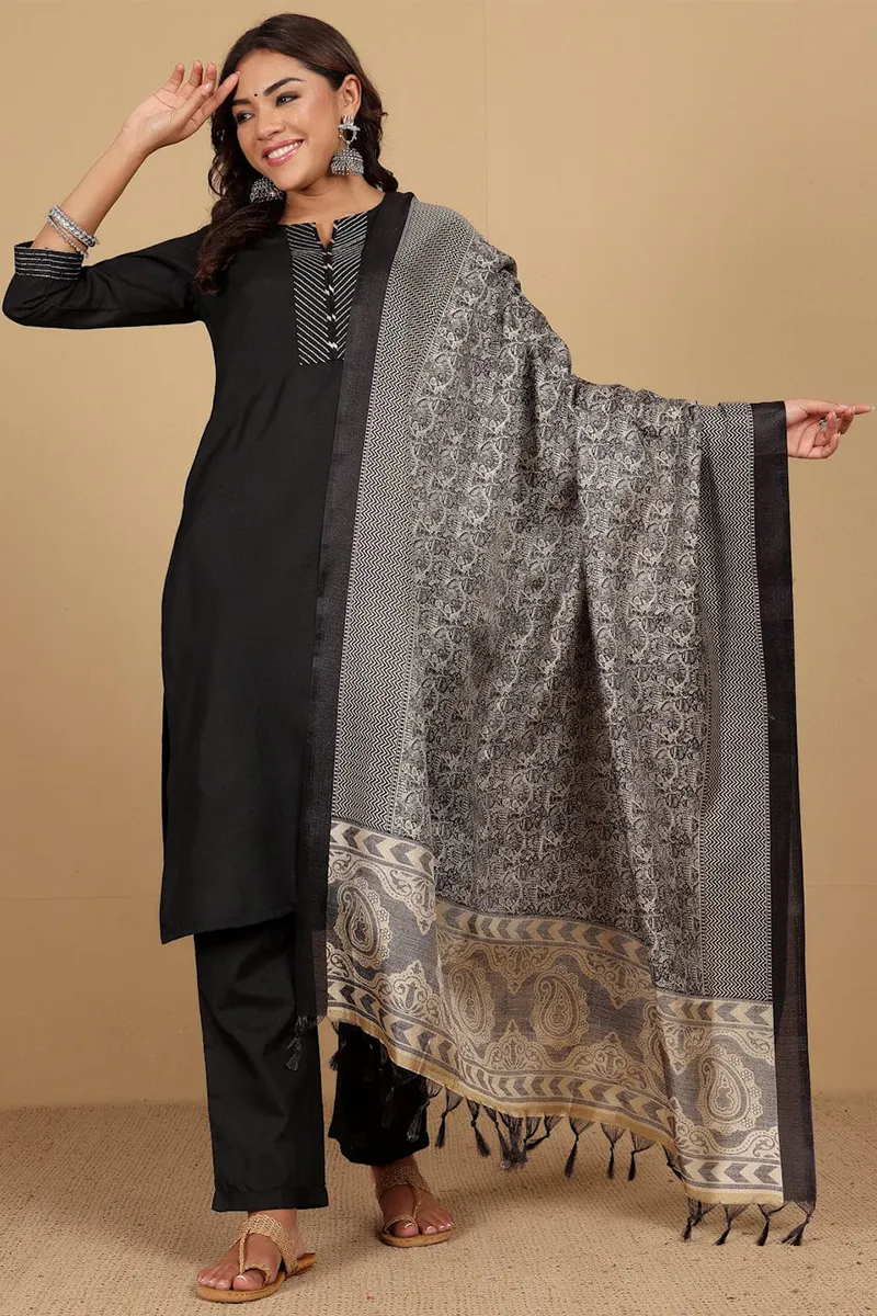 Cotton Blend Solid Kurti with Pant & Dupatta Set for Women CLW00182BLAM Kurti set kurthi 3 pcs set kurtha set salwar set 3 piece salwar set three pies kurti set kurti3set