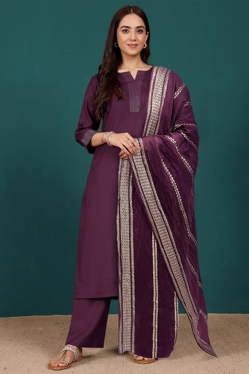 Cotton Blend Solid Kurti with Pant & Dupatta Set for Women