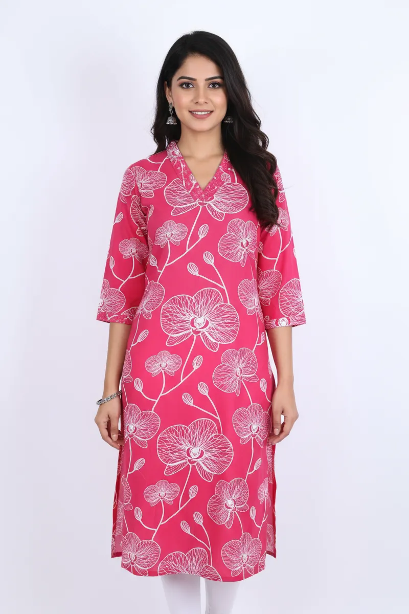 Rayon Floral Printed Kurti for Women CLW00194PINXXL - Pink kurti - XXL kurti