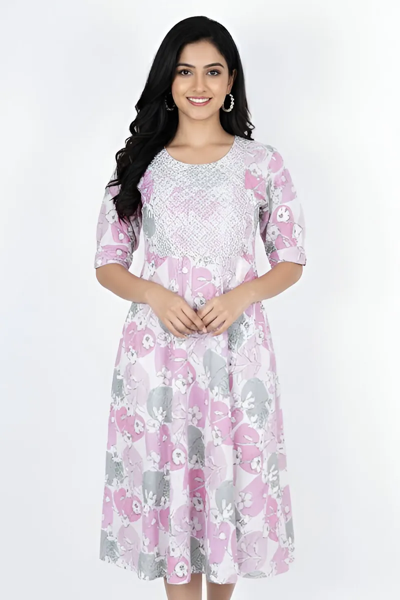 Rayon Floral Printed A-line Kurti for Women CLW00197PINXXL - Pink kurti - XXL kurti