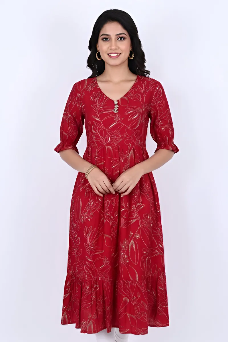 Rayon Botanical Printed A-line Dress for Women CLW00199REDXXL
