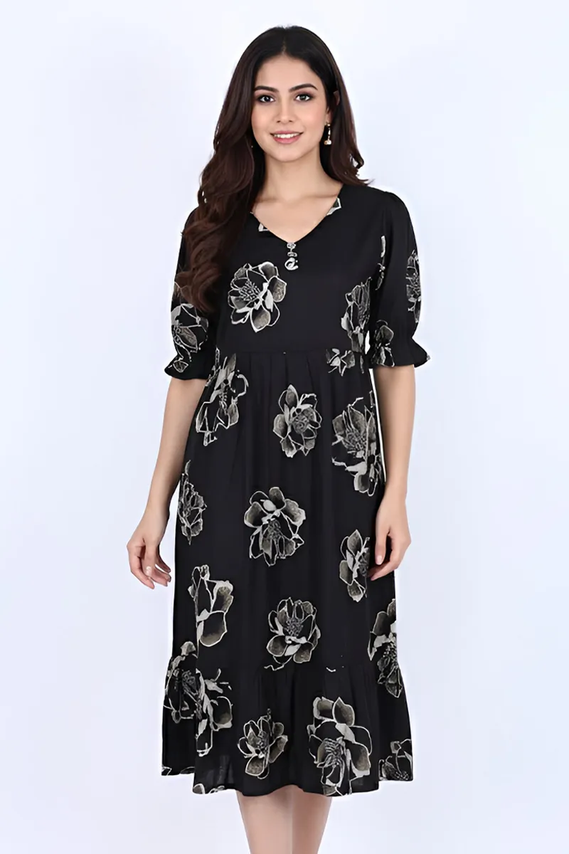 Rayon Floral Printed A-line Dress for Women 