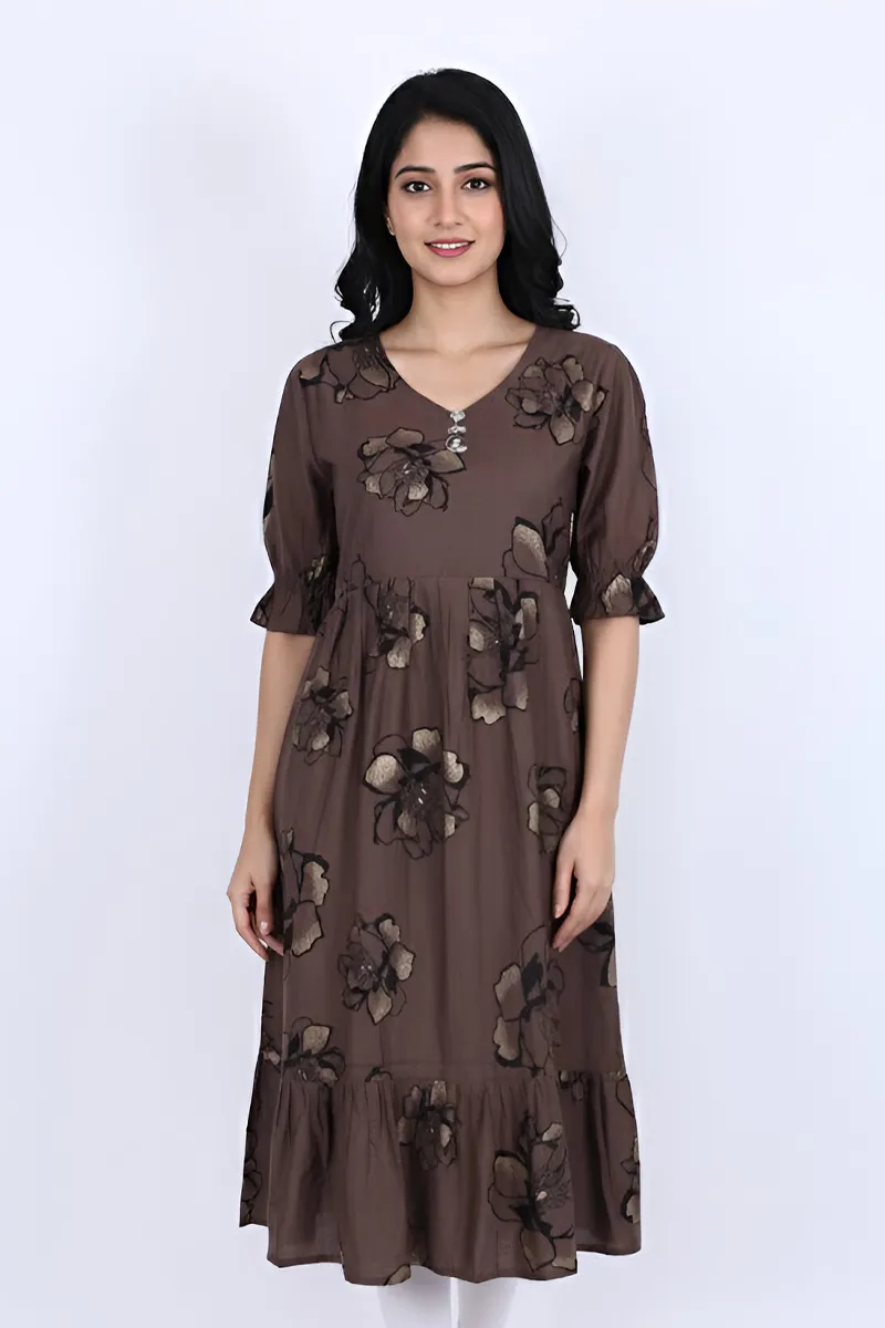 Rayon Floral Printed A-line Dress for Women CLW00200DARBROWXL