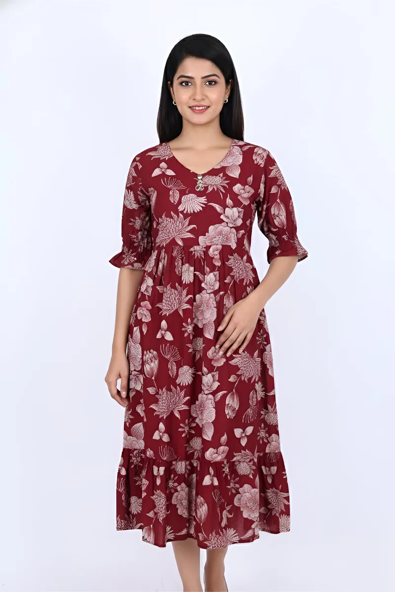 Rayon Floral Printed A-line Dress for Women CLW00203MARXL