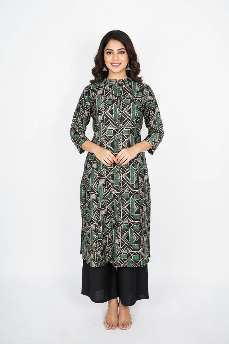 Rayon Geometric Printed Kurti with Pant Set for Women CLW00204GREXL